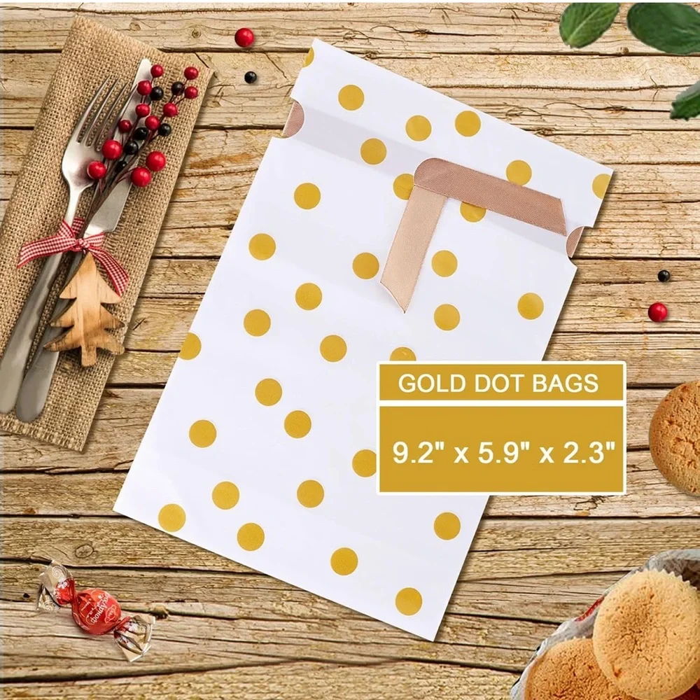 50 Gold Polka Dot Party Favor Bags Plastic with Drawstring 5.8x9x2.4 inch - Picture 2 of 4